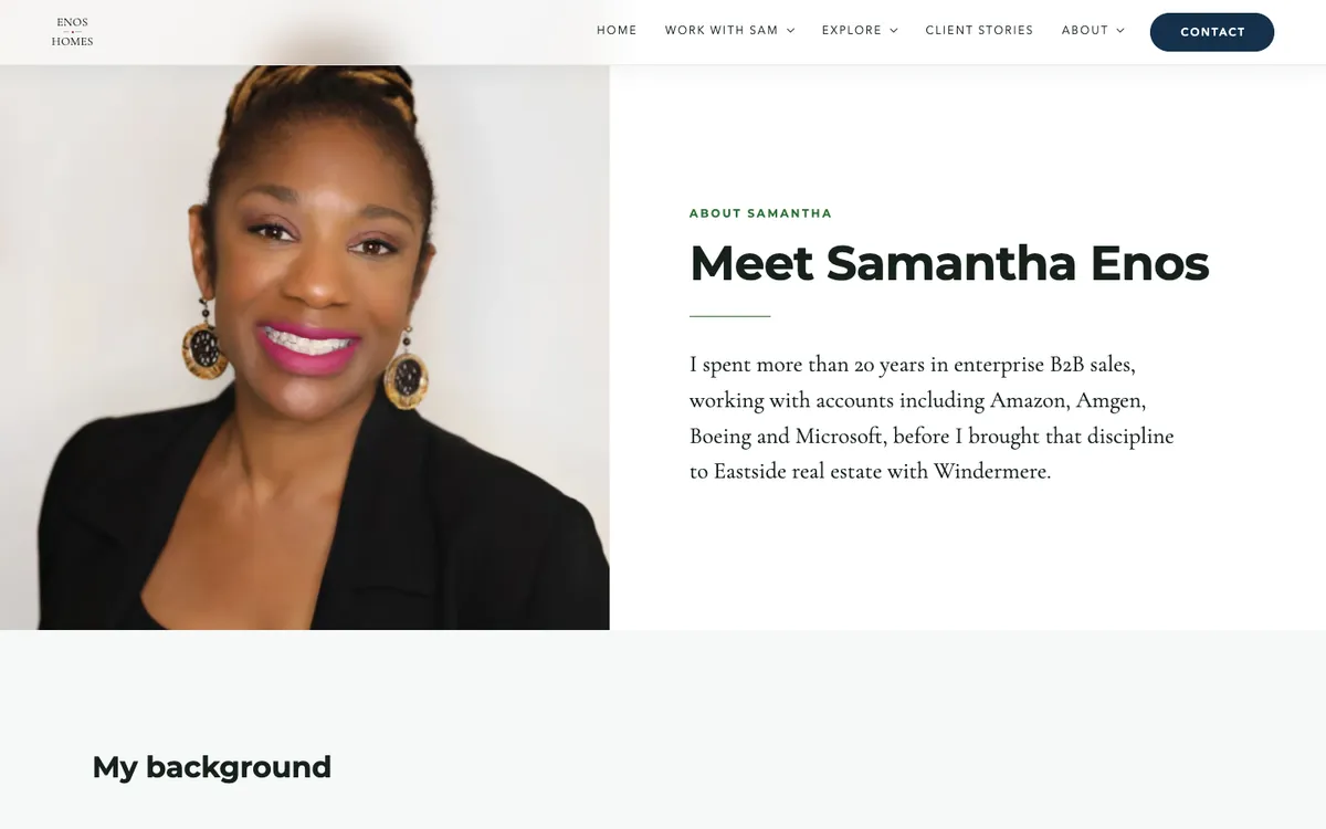 About Samantha page: Meet Samantha Enos, with her portrait