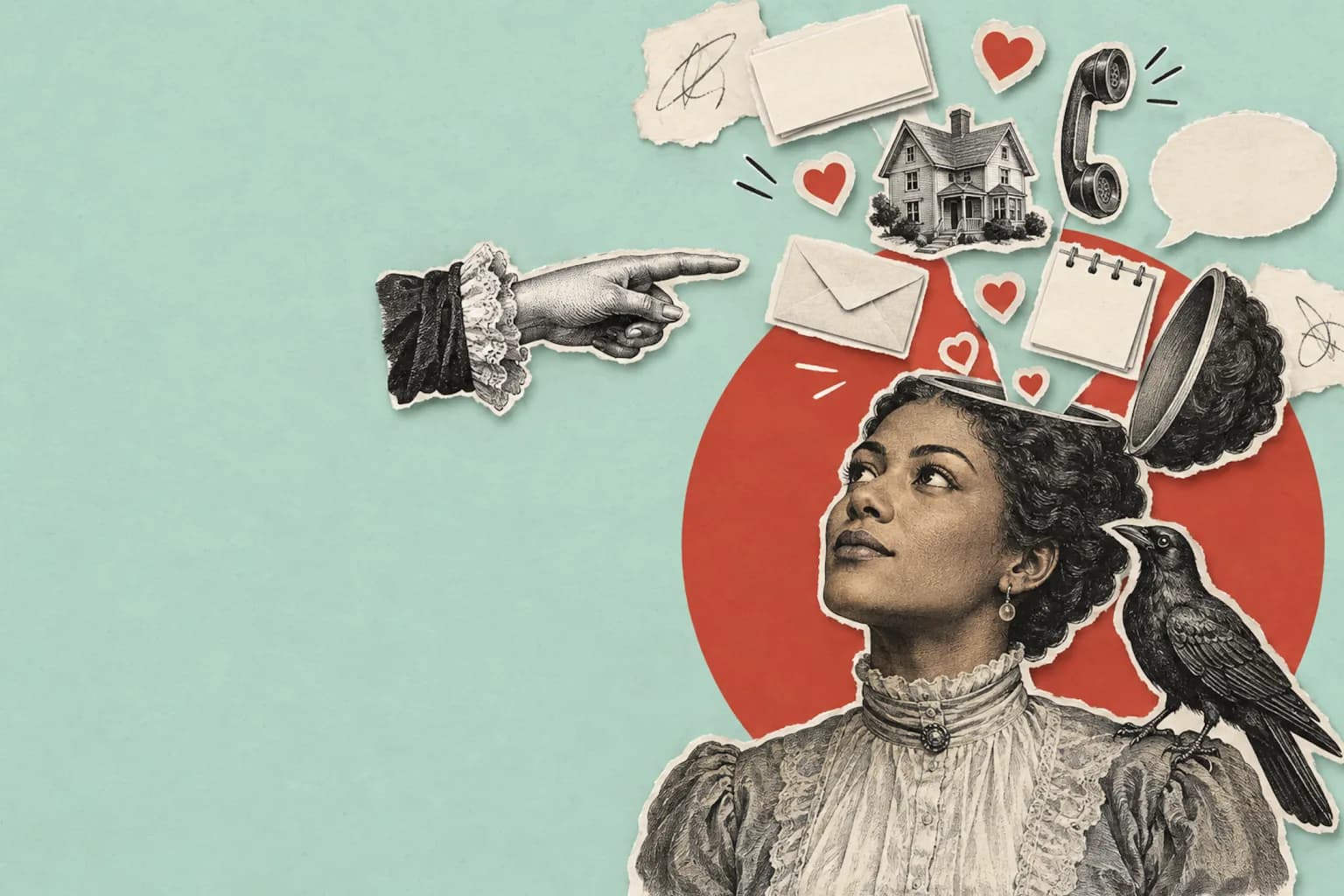 A cut-out portrait of a woman looks up as the top of her head opens and a house, phone, envelopes, a calendar page and hearts float out, while a hand points at her and a rook sits on her shoulder.
