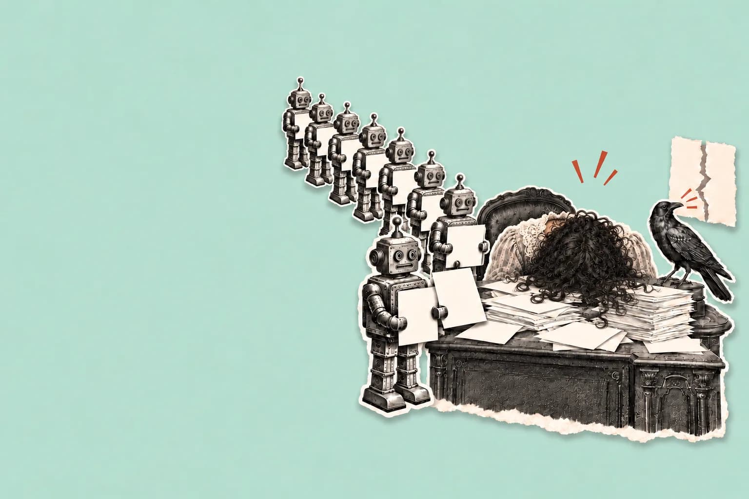 A cut-out collage of an exhausted woman with her head down on her desk while a long line of identical tin robots waits with blank papers, and a black rook beside her looks at one torn gap in a strip of paper.