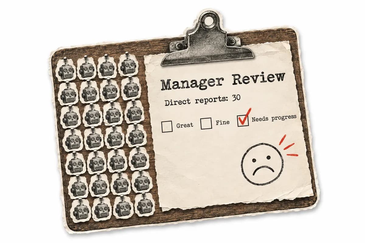A paper manager review clipped to a clipboard: Direct reports: 30, with Needs progress ticked and a sad face drawn below, beside rows of identical little robot heads.