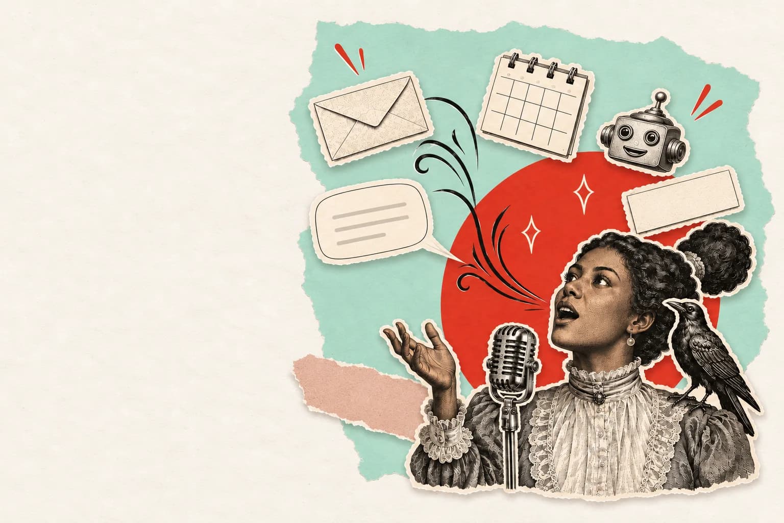 A cut-out portrait of a woman speaks into a vintage microphone while a ribbon of ink flows from her mouth toward an envelope, a calendar page, a card, a chat bubble and a small robot head, with a rook on her shoulder listening.