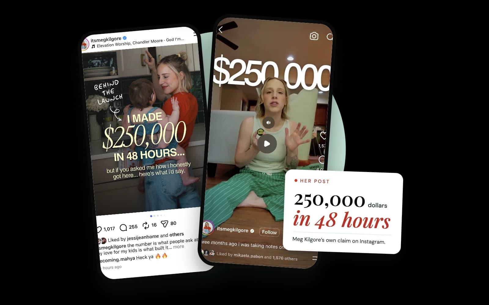 Two phones showing Meg Kilgore’s Instagram: a post that says Behind the launch, I made 250,000 dollars in 48 hours, and a Reel with 250,000 dollars across the top. A card reads 250,000 dollars in 48 hours, her own claim.